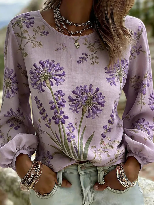 Damen lila Flora-Art-Print lässiges T-Shirt