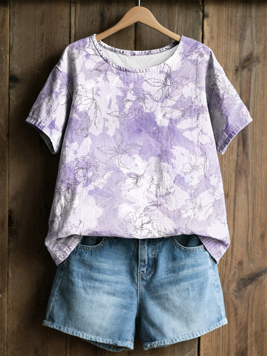 Frauen lila Flora Kunstdruck lässig T-Shirt