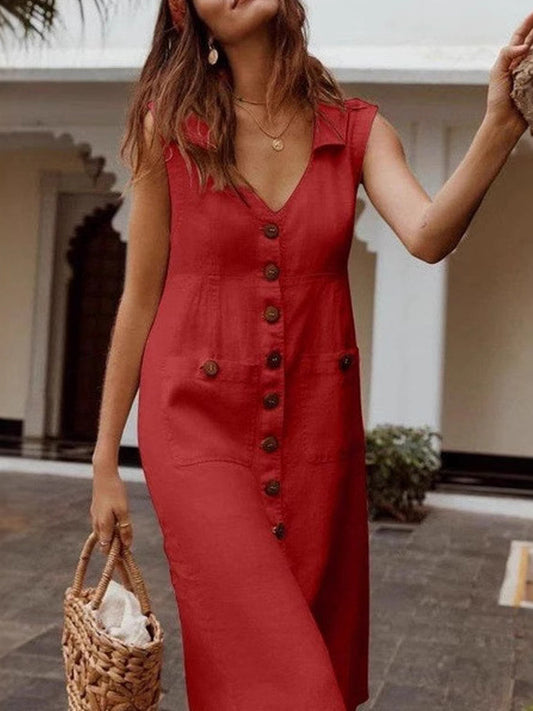 Einreihiges Button-Down-Kleid mit V-Ausschnitt für Damen