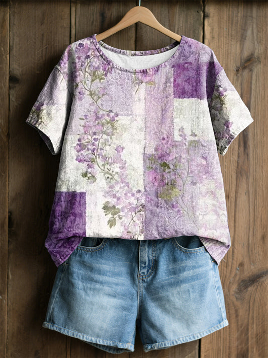 Damen lila Flora-Art-Print lässiges T-Shirt