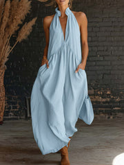 Frauen ärmelloses Stehkragen einfarbiges langes Baumwoll-Leinen-Boho-Kleid