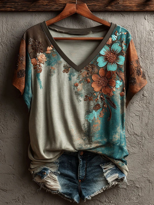 Blumen bedrucktes T-Shirt mit V-Ausschnitt für Damen