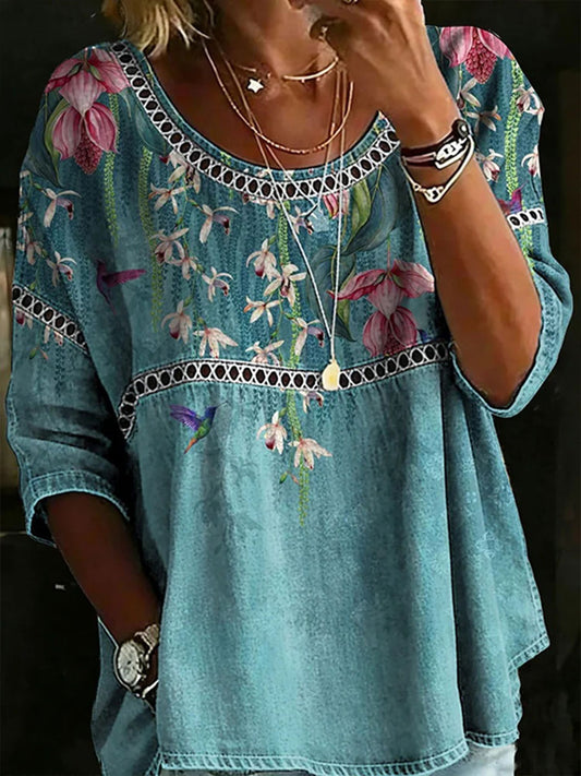 Damen-Blumen-Kunstdruck-Baumwoll-Leinen-Top