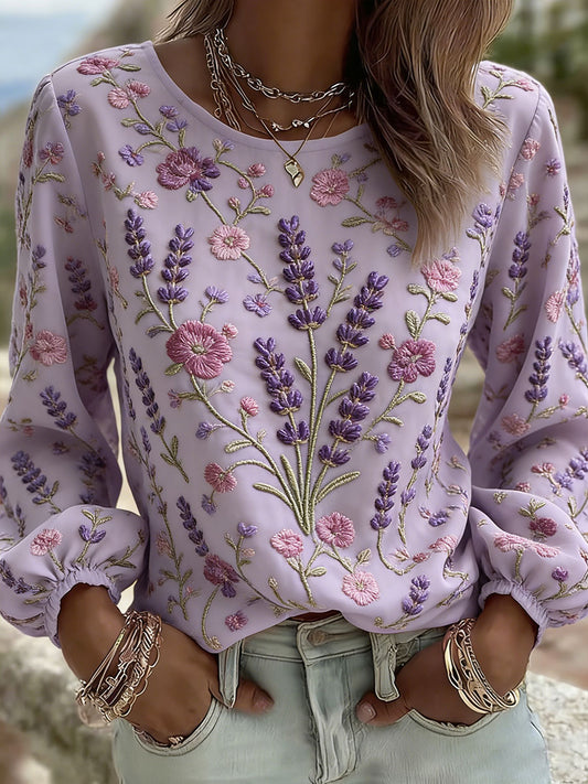 Damen Lavendel Blumen Kunst Print Casual T-Shirt