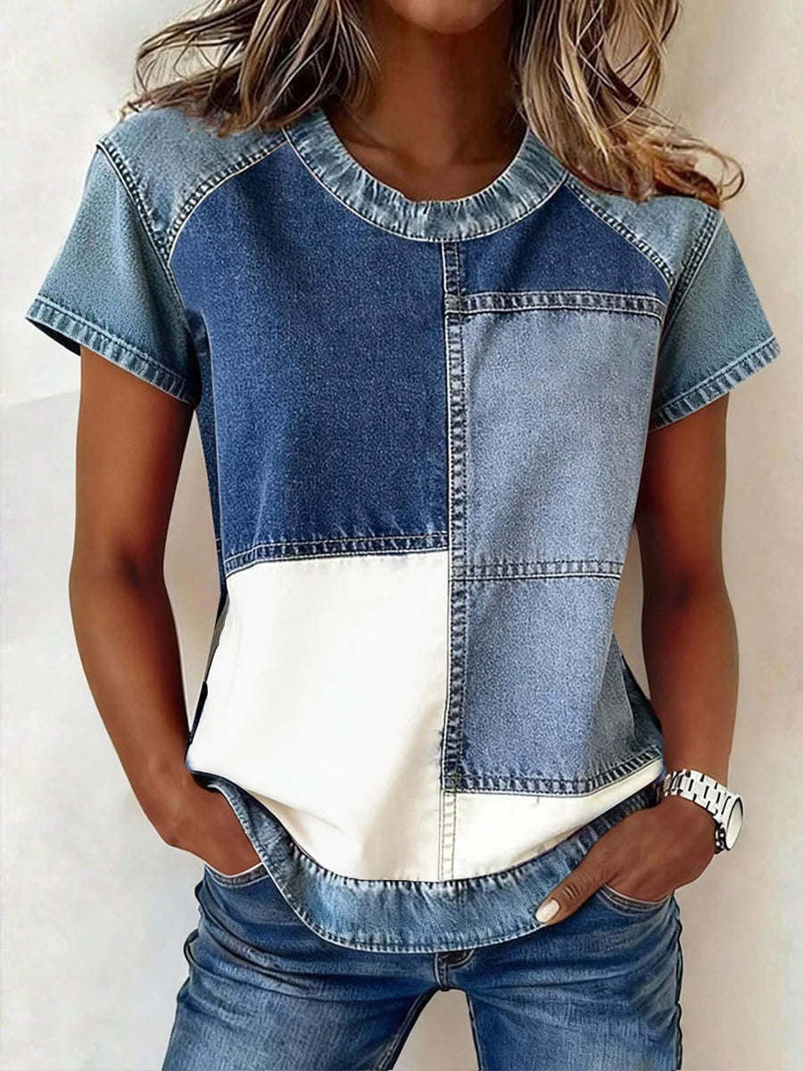 Einfaches Damen-Top aus Denim im Patchwork-Stil