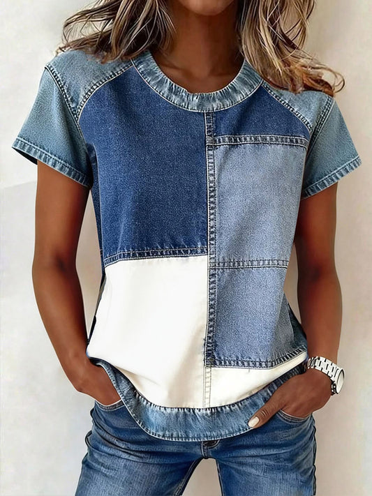 Einfaches Damen-Top aus Denim im Patchwork-Stil