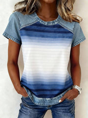 Damen-Top aus Denim im Patchwork-Stil mit farbverlaufendem Streifenmuster