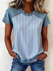 Damen-Top aus Denim im Patchwork-Stil mit gestreiftem Print