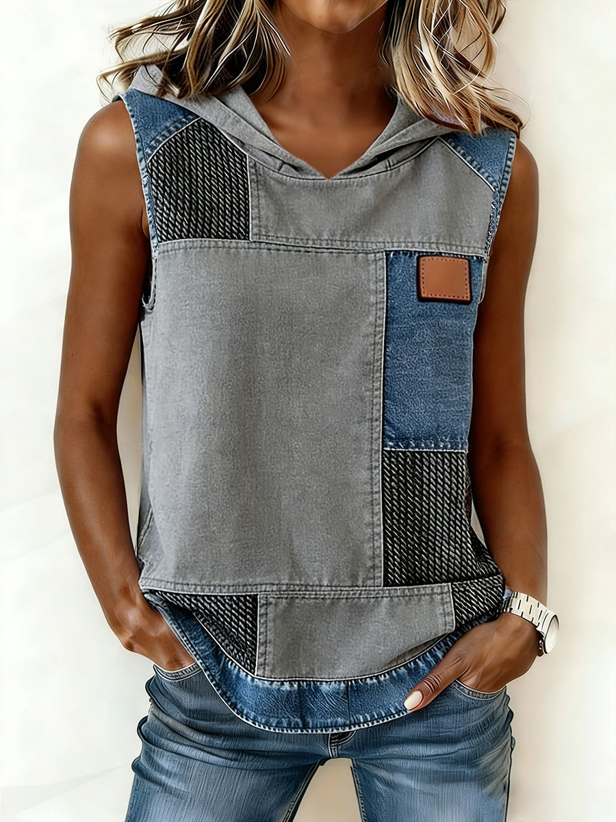 Damen Einfaches Denim-Patchwork-Kapuzenoberteil