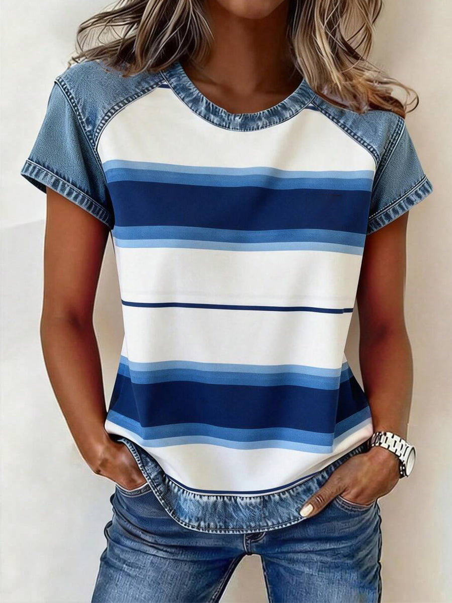 Damen-Top aus Denim im Patchwork-Stil mit gestreiftem Print