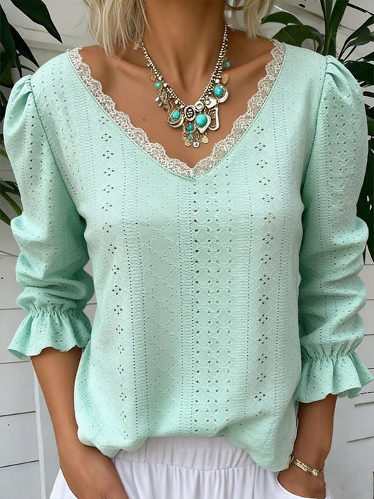 Damen-Spitzen-getretene 3/4-ärmel ige Openwork-Shirt