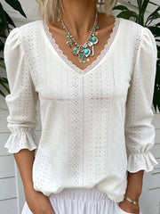 Damen-Spitzen-getretene 3/4-ärmel ige Openwork-Shirt