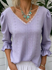 Damen-Spitzen-getretene 3/4-ärmel ige Openwork-Shirt