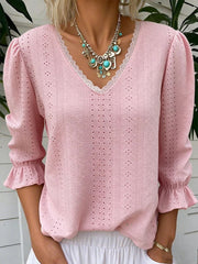 Damen-Spitzen-getretene 3/4-ärmel ige Openwork-Shirt