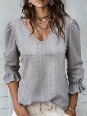 Damen-Spitzen-getretene 3/4-ärmel ige Openwork-Shirt