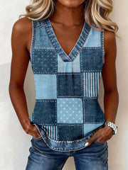 Damen-Denim-Patchwork-Top mit V-Ausschnitt