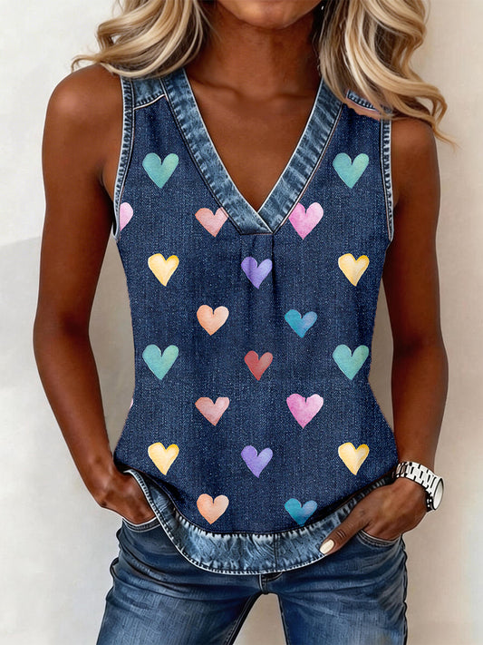 Damen bunt herzförmiges Muster Denim Patchwork V-Ausschnitt Top