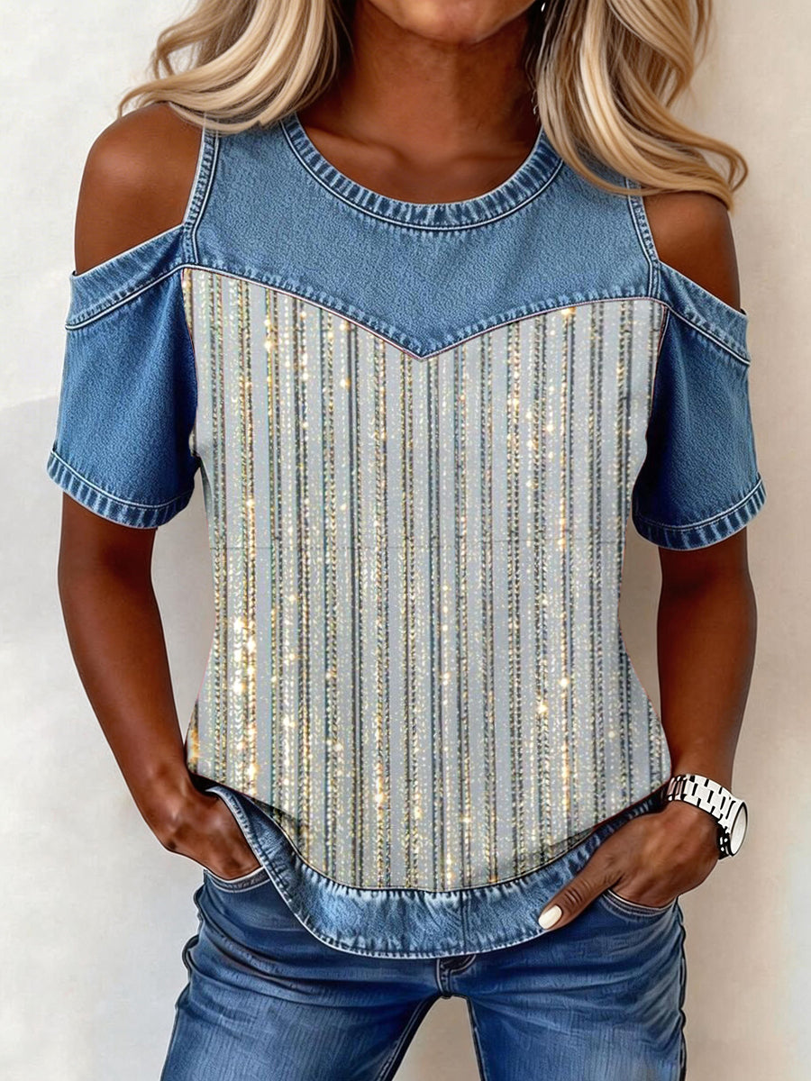 Denim-Patchwork-Oberteil mit glänzendem Streifen muster für Damen