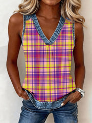 Frauen Elegantes Plaid Print Denim Patchwork V-Ausschnitt Top