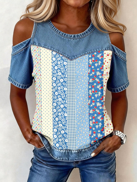 Elegantes Damen-Top aus Denim im Patchwork-Stil mit floralem Muster