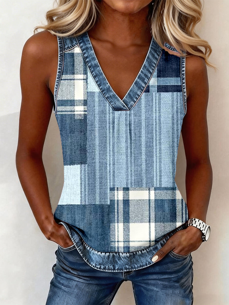 Damen-Denim-Patchwork-Top mit V-Ausschnitt