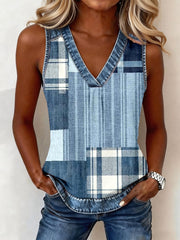 Damen-Denim-Patchwork-Top mit V-Ausschnitt