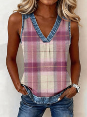 Damen Vintage Karo-Print Denim Patchwork V-Ausschnitt-Top