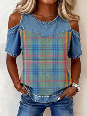 Damen Vintage Plaid Muster Denim Patchwork Top