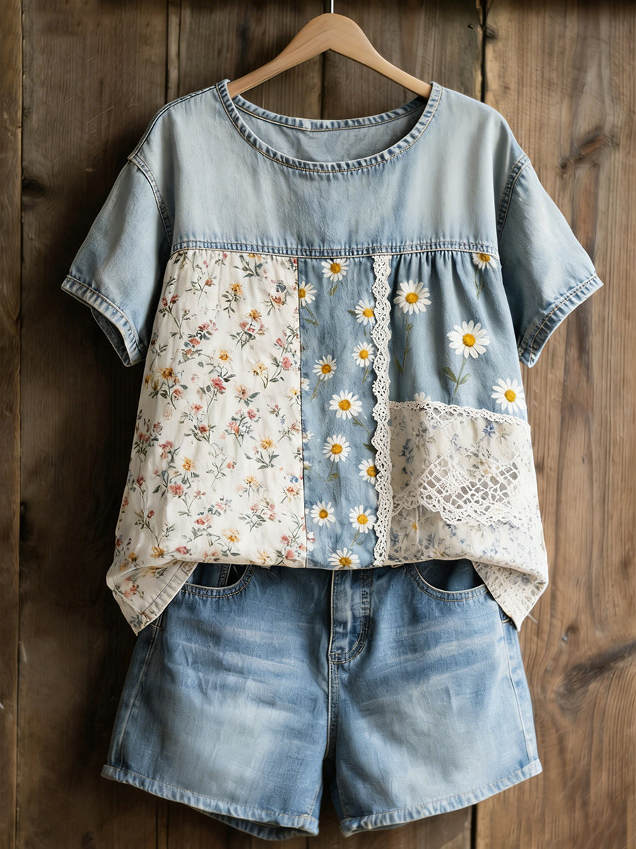 Damen-Casual-T-Shirt mit Gänseblümchen-Print