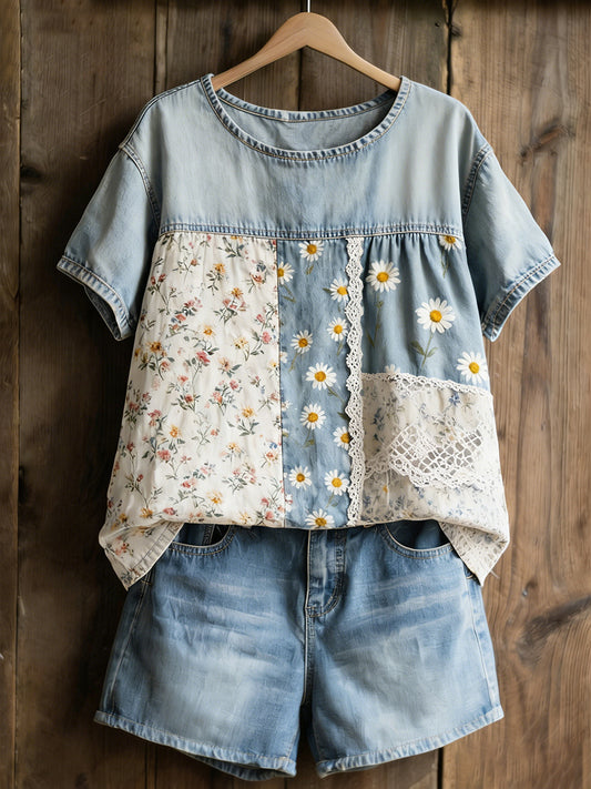 Damen-Casual-T-Shirt mit Gänseblümchen-Print