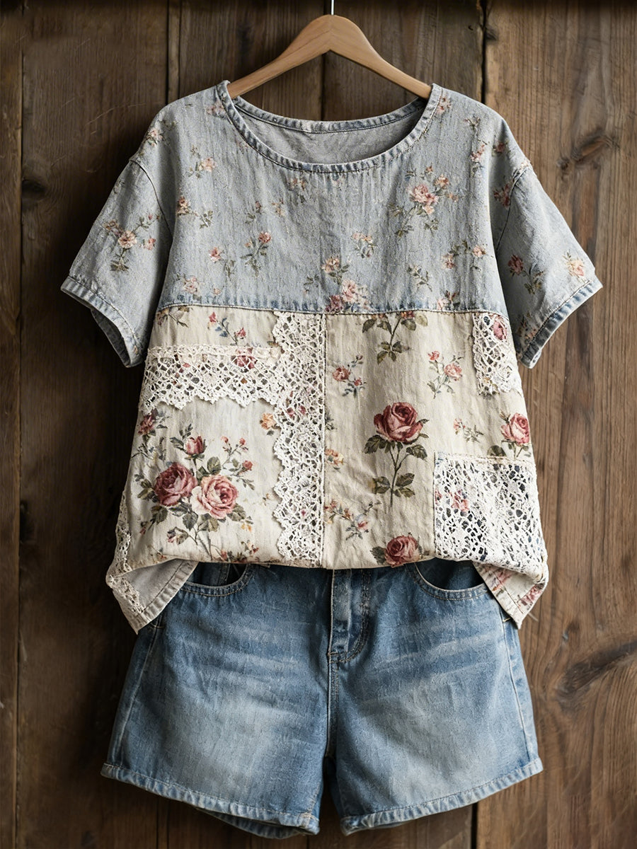 Damen-Rosenprint-Lässiges T-Shirt