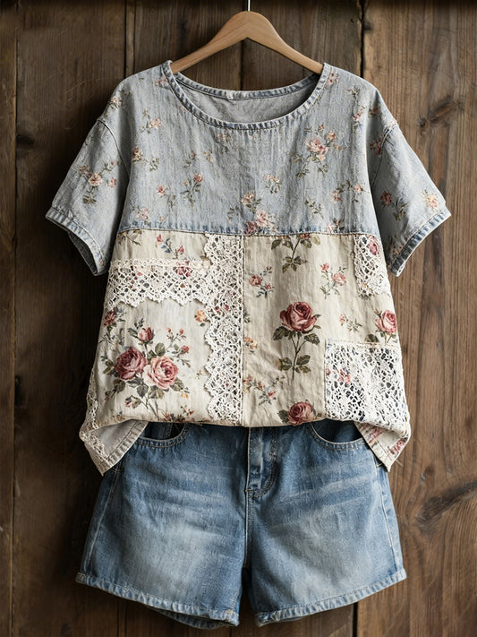 Damen-Rosenprint-Lässiges T-Shirt