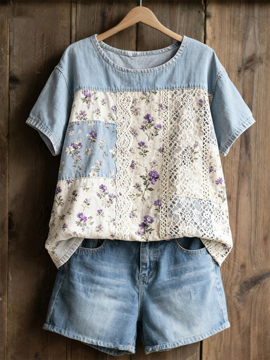 Damen lila floral lässiges T-Shirt