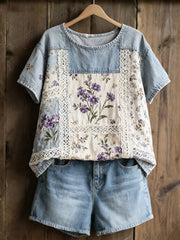 Frauen Violett Floral lässig T-Shirt
