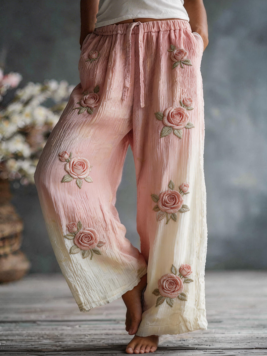 Damenhose aus Leinenmischgewebe mit rosa Rosenblütenmuster