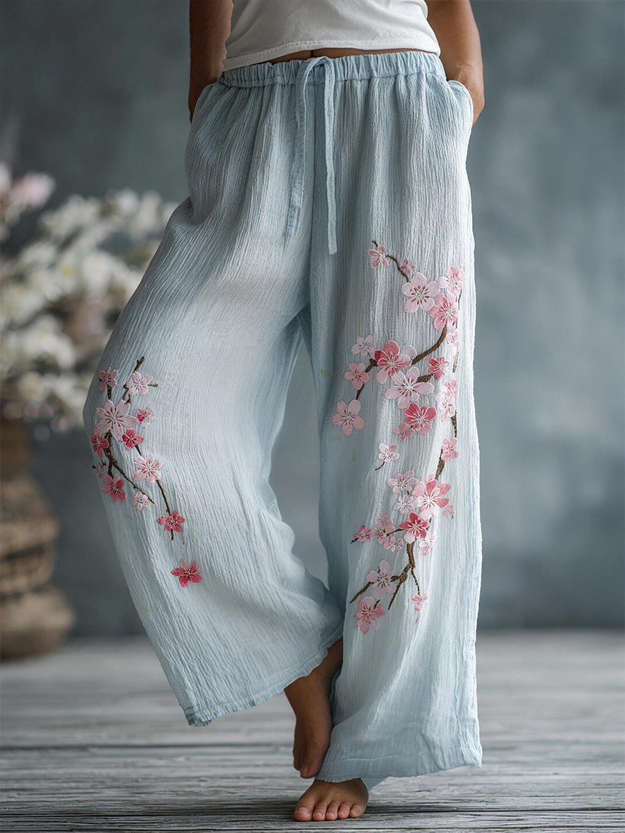 Damen-Blumen stickerei muster Leinen mischhose