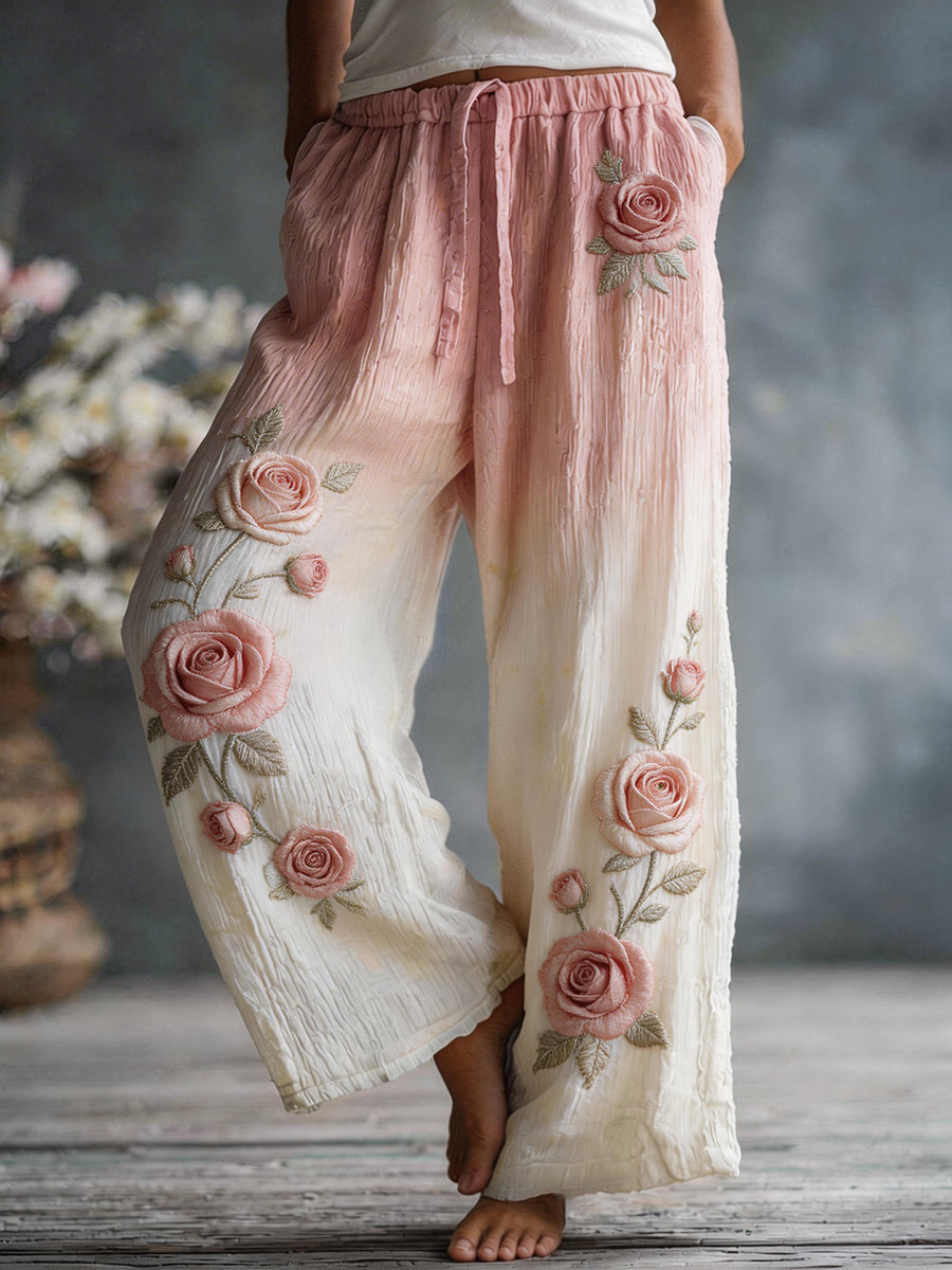Damenhose aus Leinenmischgewebe mit rosa Rosenblütenmuster