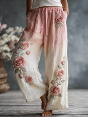 Damenhose aus Leinenmischgewebe mit rosa Rosenblütenmuster