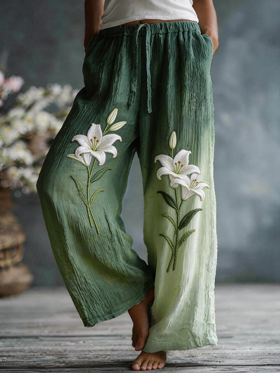 Damenhose aus Leinenmischgewebe mit blühendem-Lilien-Muster