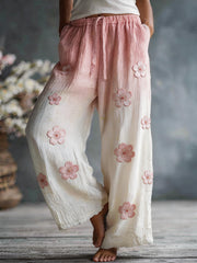 Frauen rosa Kirschblüten muster Leinen mischhose