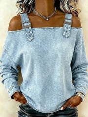 Damen-Off-Shoulder-Denim-Top mit langen Ärmeln und Schulterträgern