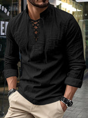 Herren Vintage Langarm-V-Neck-Linen-Oberteile
