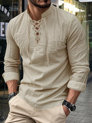 Herren Vintage Langarm-V-Neck-Linen-Oberteile