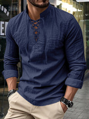 Herren Vintage Langarm-V-Neck-Linen-Oberteile