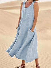 Damen lässiges elegantes ärmelloses Baumwoll-Midi-Kleid