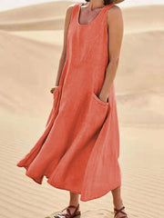 Damen lässiges elegantes ärmelloses Baumwoll-Midi-Kleid