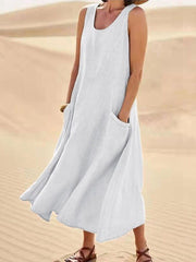 Damen lässiges elegantes ärmelloses Baumwoll-Midi-Kleid
