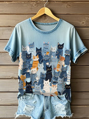 Damen-Denim-Katzen-T-Shirt