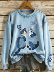 Damen Denim Patchwork Katzen Muster Sweatshirt