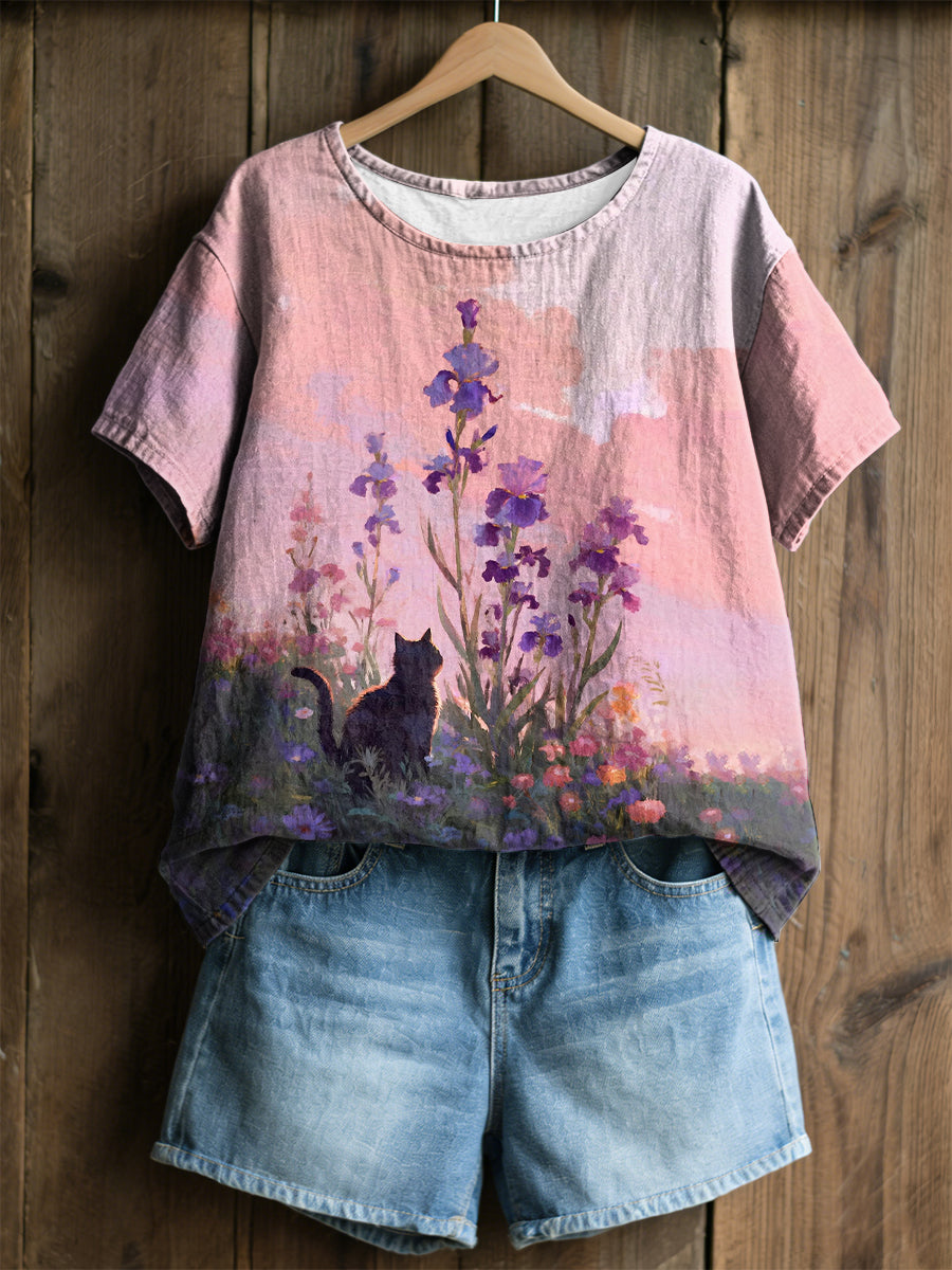 Damen-Plants-and-Flowers-niedliches-Katzen-Print-Casual-T-Shirt